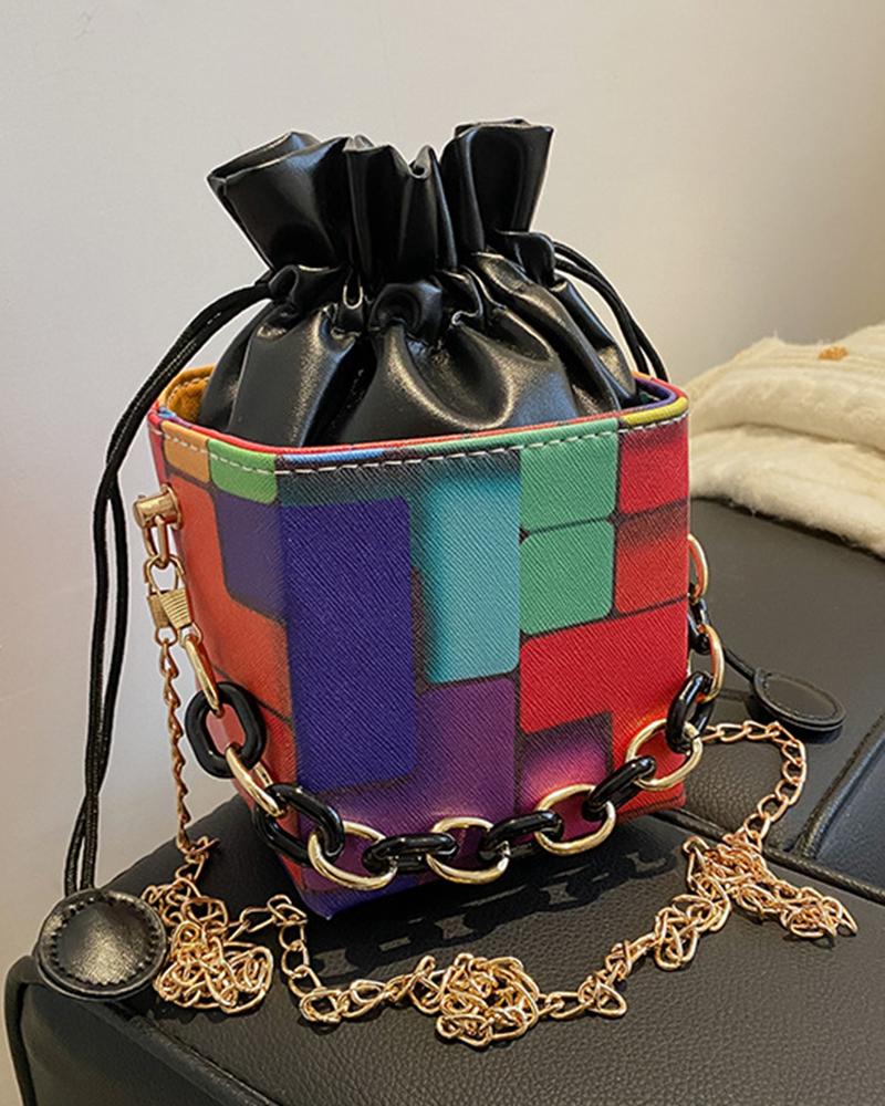 

Colorblock Chain Strap Drawstring Bucket Bag, Black