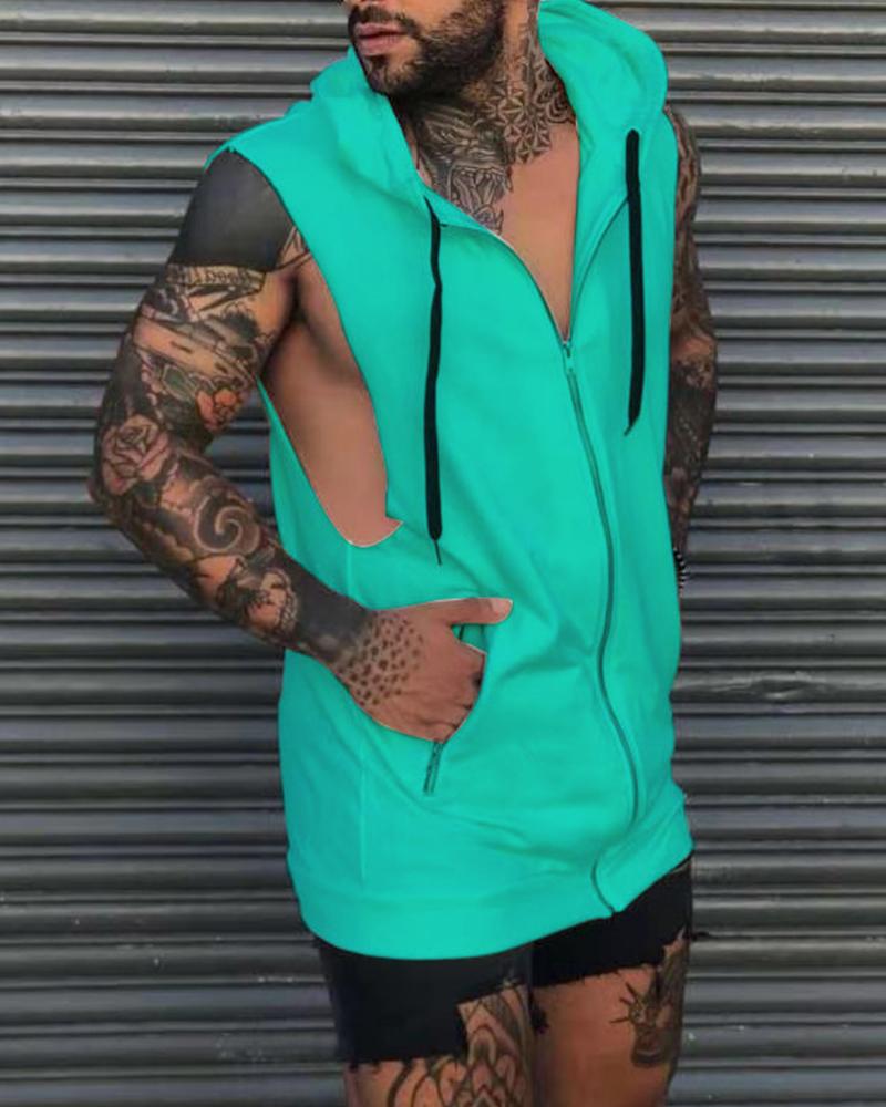 

Solid Sleeveless Zip-up Hooded Sleeveless Sweatshirt Vest Coats, Light blue