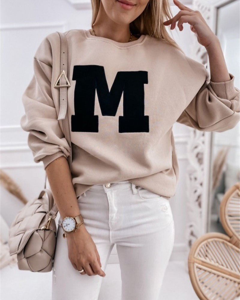 

Letter Embroidery Drop Shoulder Sweatshirt, Khaki