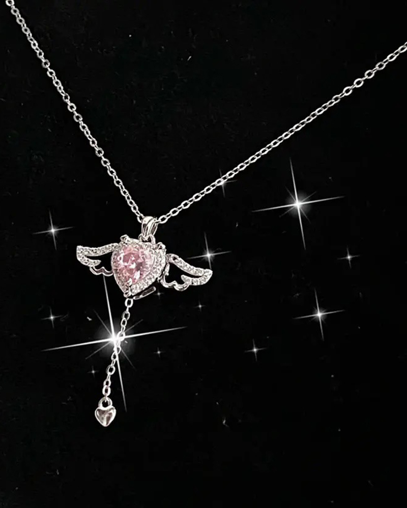 

1pc Valentine's Day Rhinestone Flying Heart Shaped Pendant Necklace, Silver