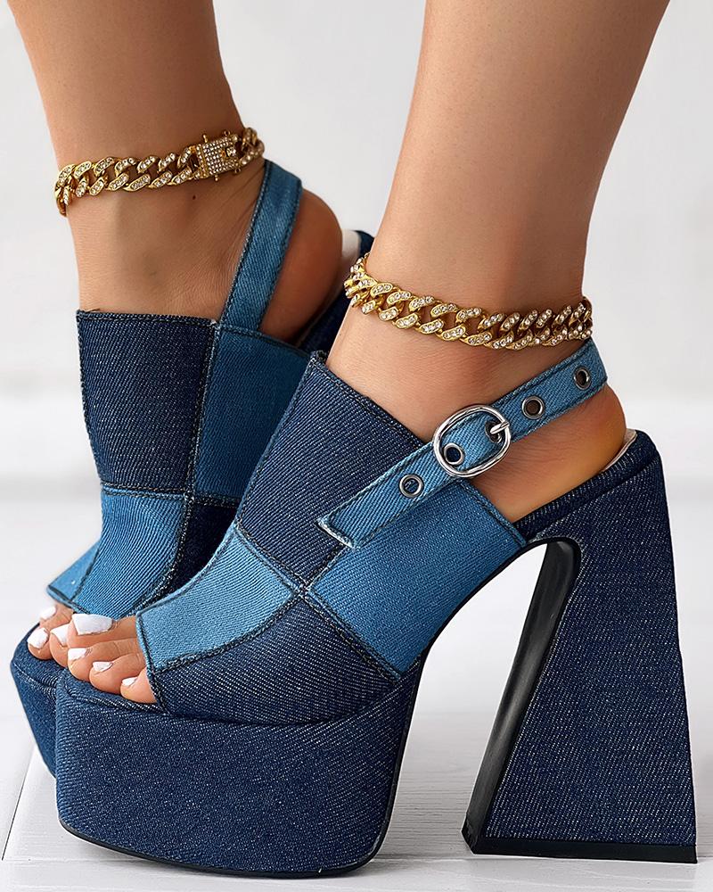 

Colorblock Denim Patchwork Slingback Buckled Platform Chunky, Blue