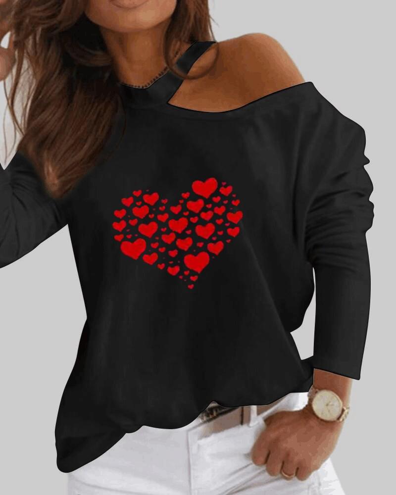 

Valentine' Day Heart Print Cold Shoulder Top, Black