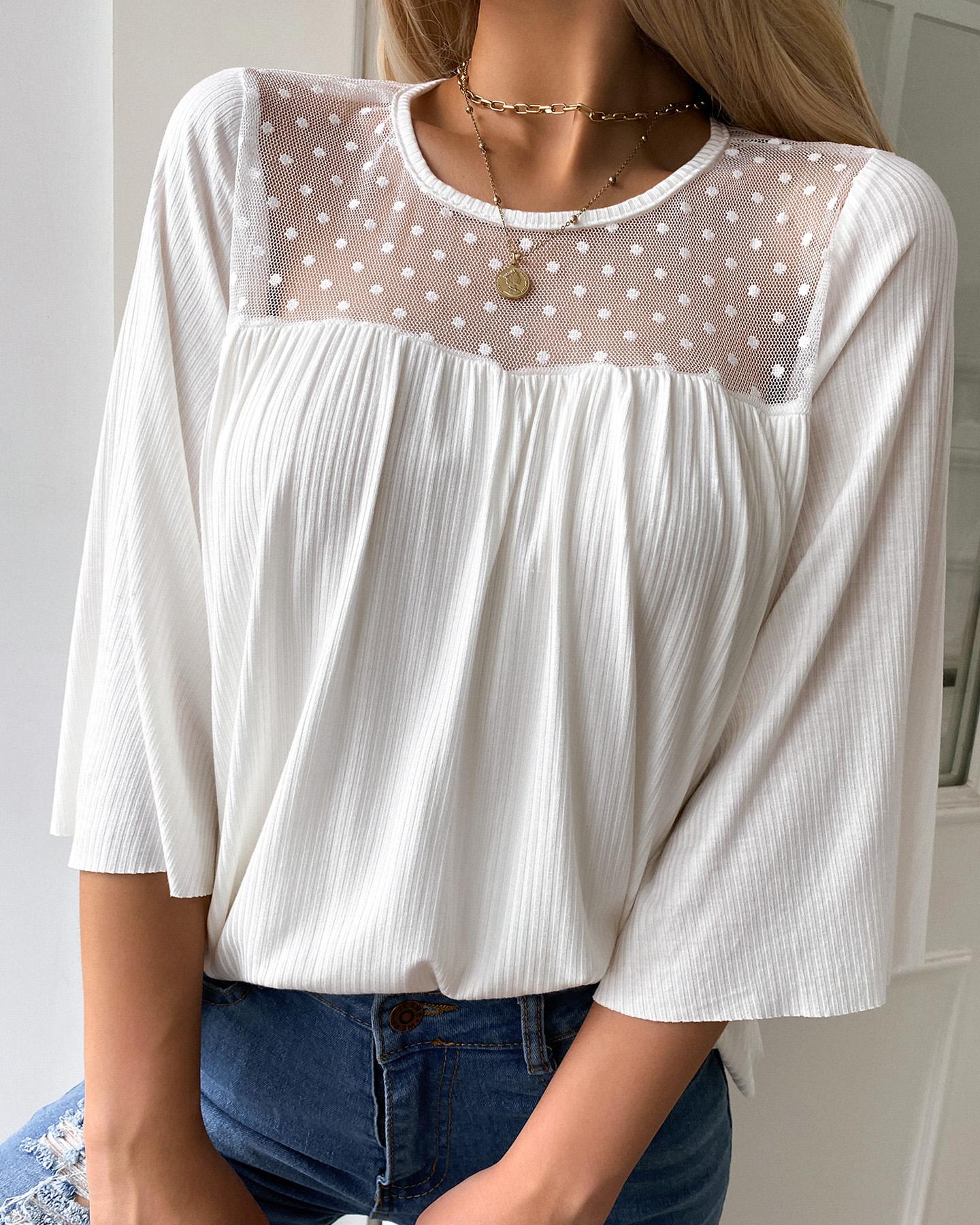 

Dot Mesh Half Sleeve Ruffles Casual Top, White