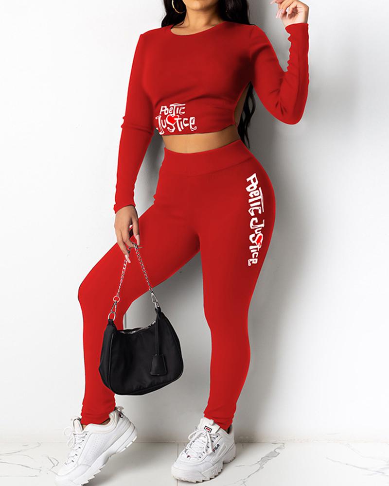 

Letter Printing Backless Long Sleeve Pants Sets, Red