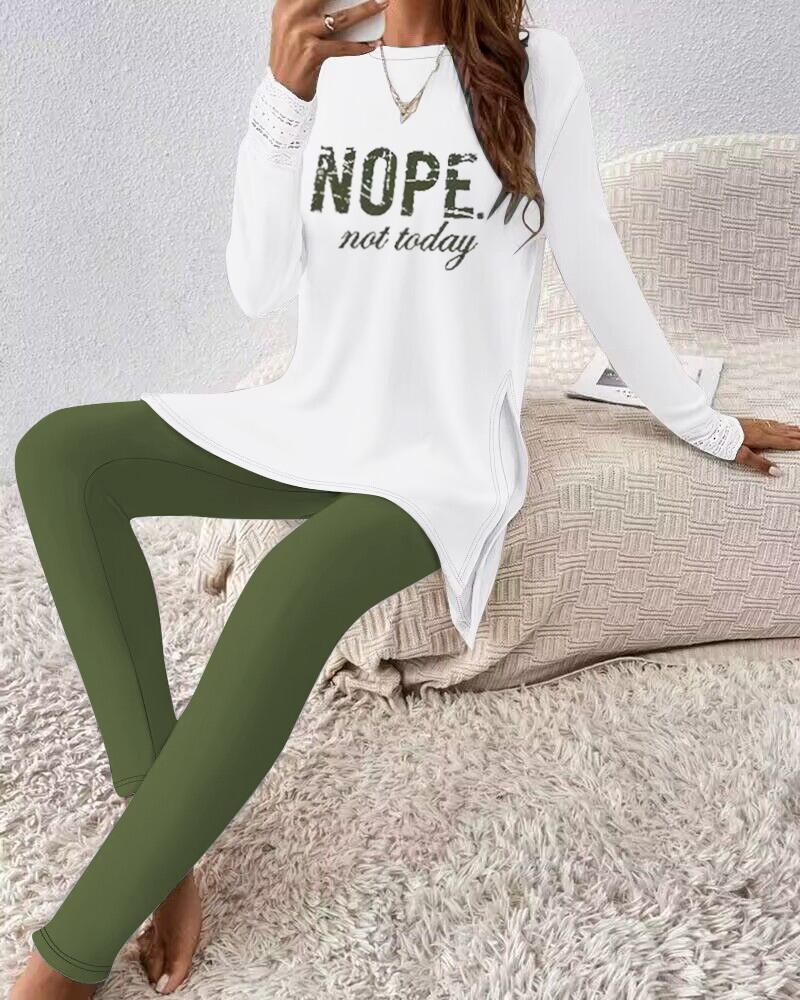 Nope Not Today Print Lace Patch Slit Top & Pants Set