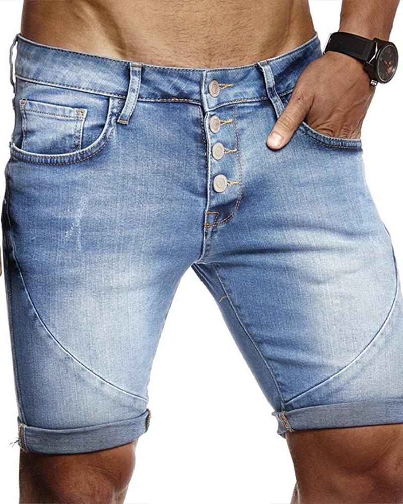 

Solid Skinny Washing Effect Denim Shorts, Blue