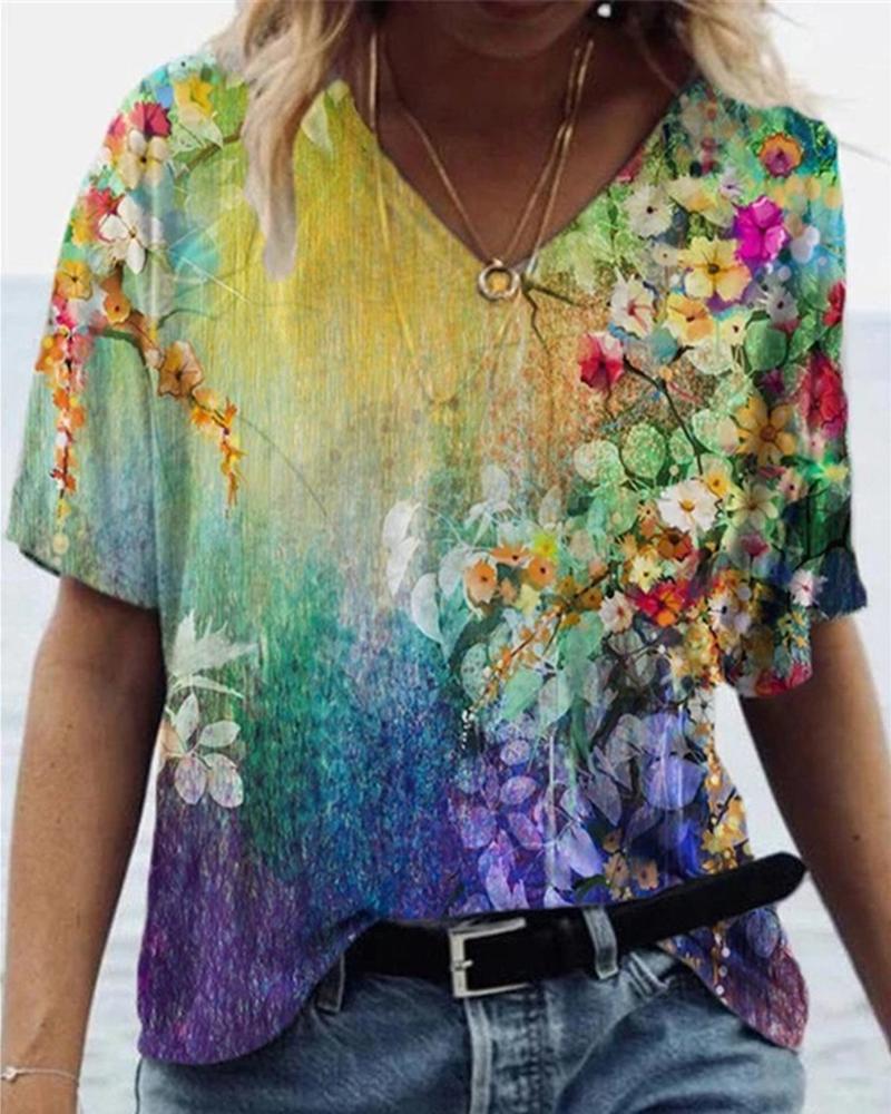 

Floral Graphic Print Short Sleeve T-Shirt, Style3