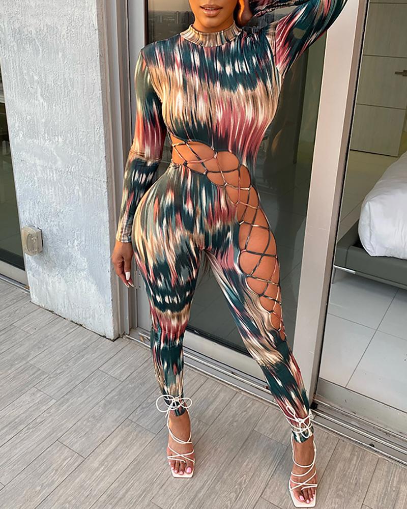 

Lace-up Abstract Print Long Sleeve Jumpsuit, Multicolor