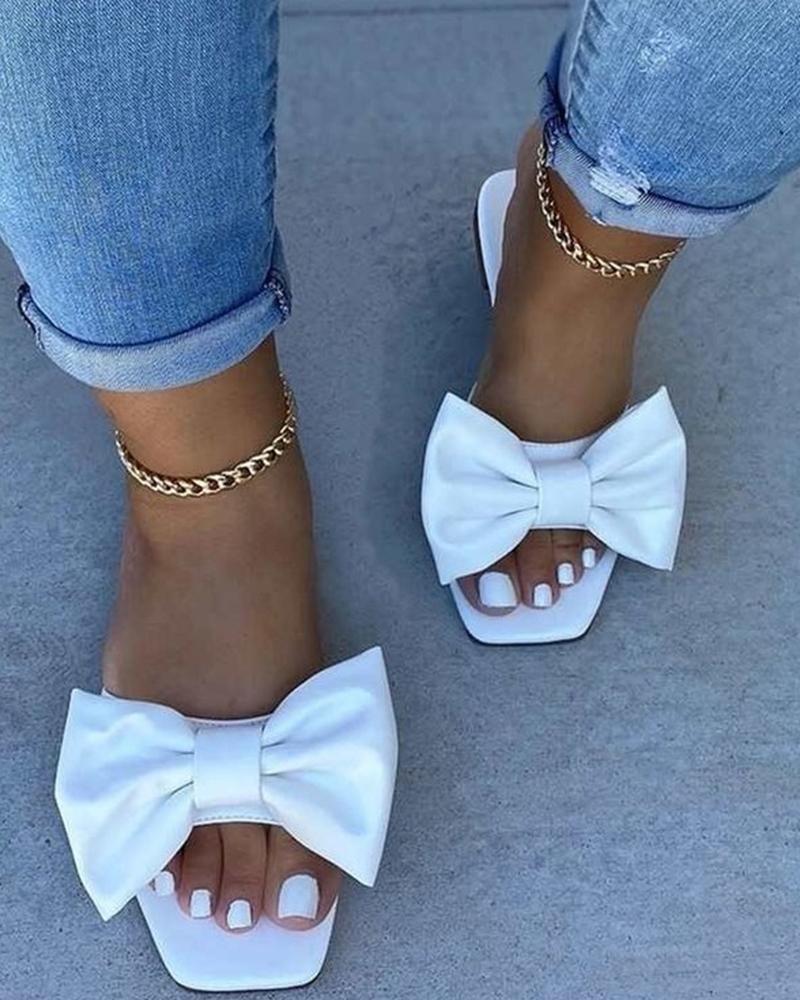 

Bowknot Decor Square Toe Flat Slippers, White