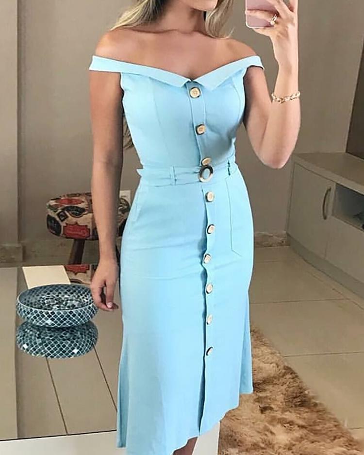 

Off Shoulder Button Up Bodycon Dress With Belt, Turquoise blue