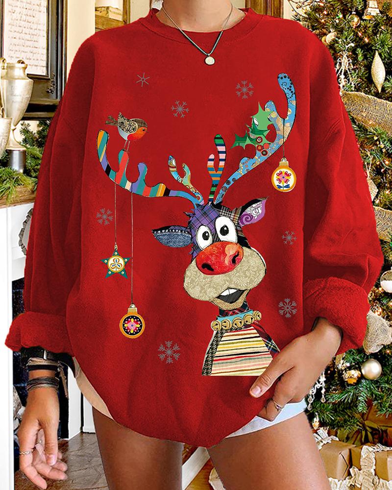 

Christmas Round Neck Reindeer Print Sweatshirt, Red