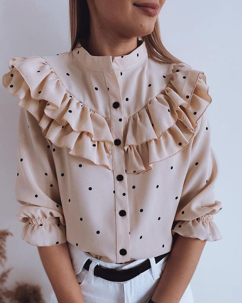 

Polkadot Print Layered Ruffles Button Front Top, Pink