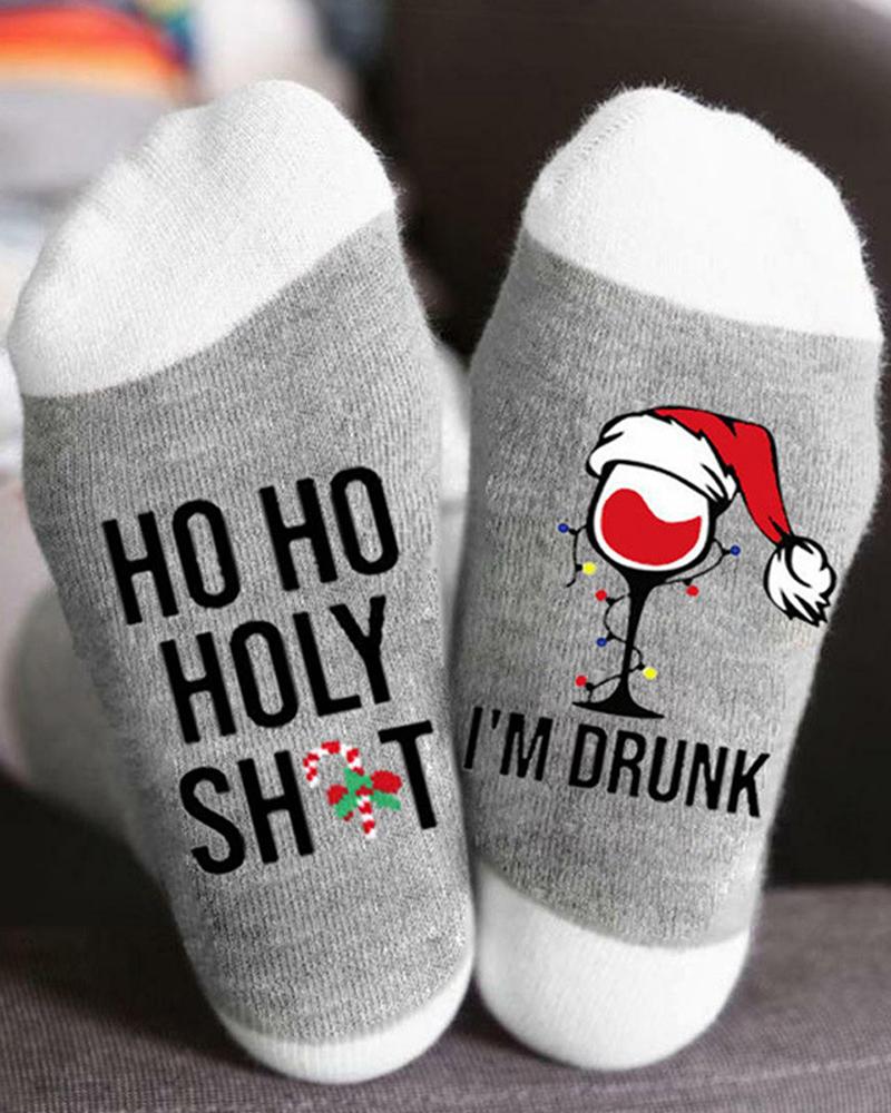 1 paire de chaussettes imprimées de lettre de verre de vin de Noël