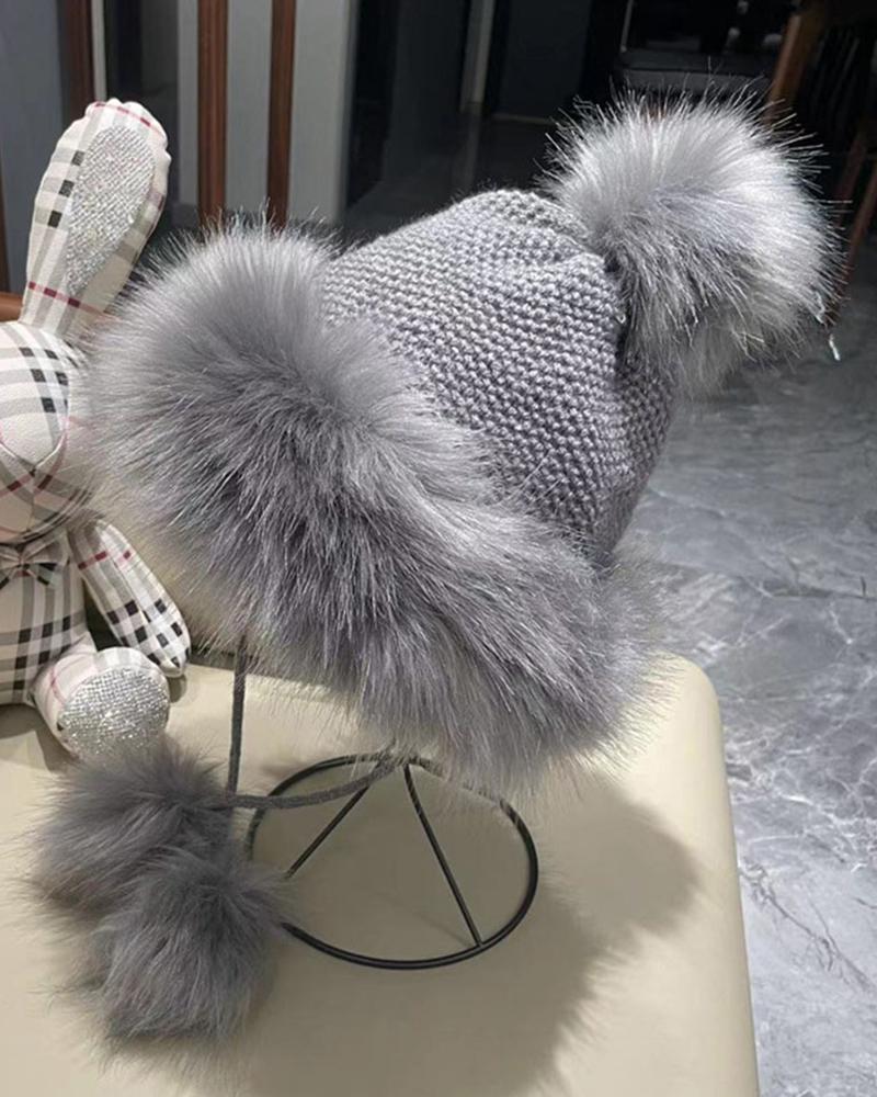 

Christmas Colorblock Fuzzy Detail Pom Pom Ear Protection Beanie Hat, Gray