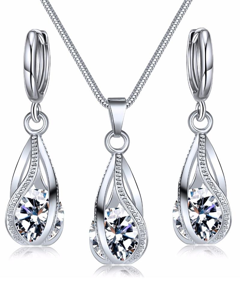 

3pcs Zircon Crystal Rhinestone Water Drop Earrings & Necklace Jewelry Set, White