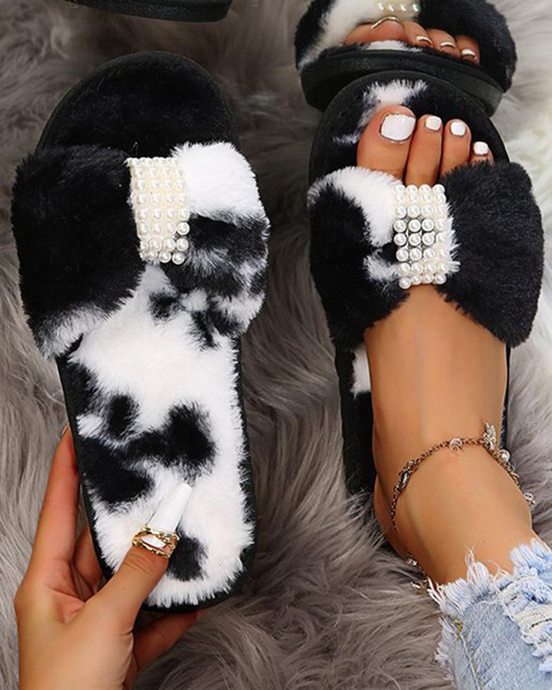 

Tie Dye Bowknot Design Fuzzy Slippers, Blackwhite