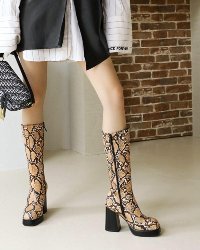 

Snakeskin Print Square Toe Side Zip Long Boots, Brown
