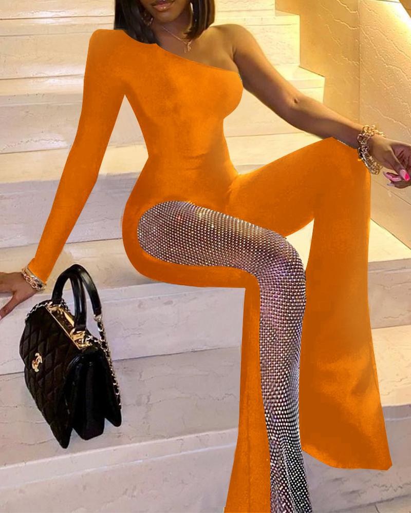 

Rhinestone Fishnet Patch One Shoulder Flared Leg Jumpsuit, Orange