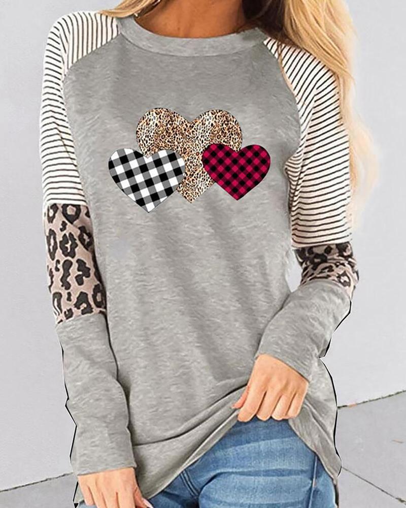

Heart Print Splicing Striped Leopard Long Sleeve Blouse, Gray