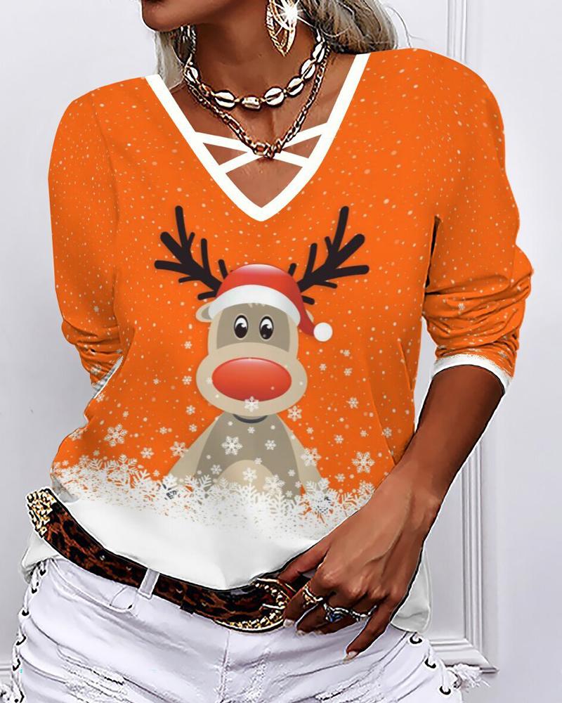 

Christmas Snowflake Elk Print Long Sleeve Top, Orange