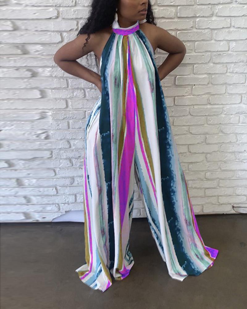 

Halter Lace-up Neck Backless Tie Dye Maxi Jumpsuit, Purple
