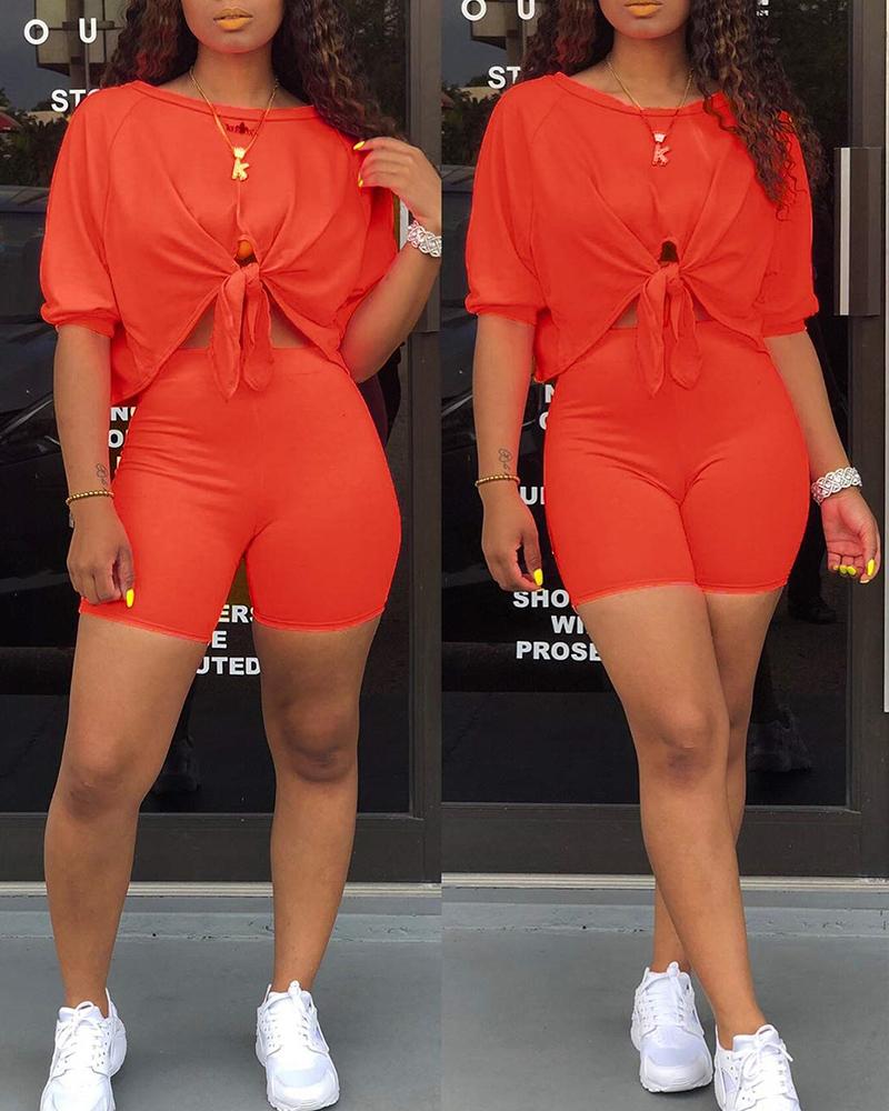 

Tied Detail Top & High Waist Shorts Set, Orange