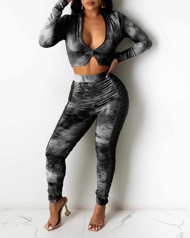 

Tie Dye Print Zip Crop Top & Ruched Pants Set, Black