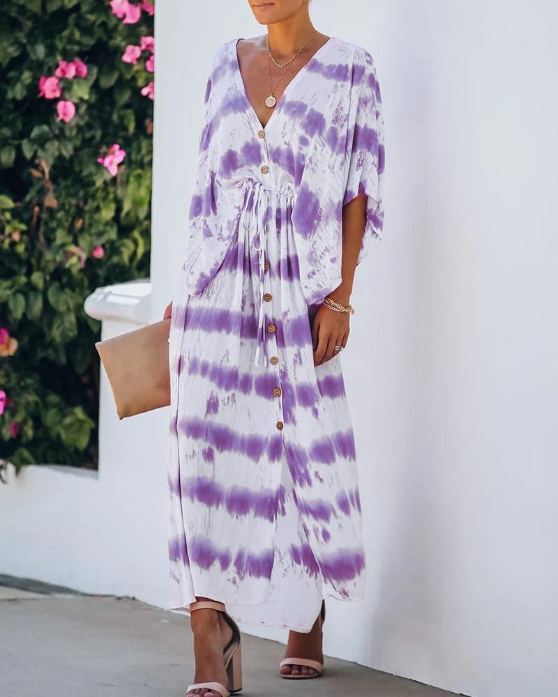 

Lace-up Tie Dye Half Sleeve Maxi Dress, Blue