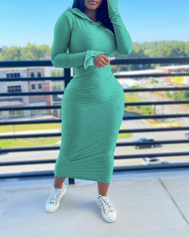 

Split Hem Flare Sleeve Hooded Casual Dress, Green