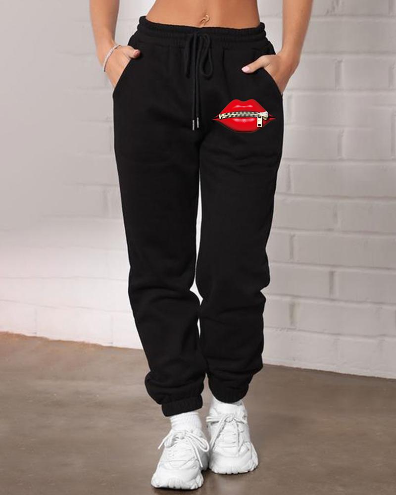 

Pocket Design Lip Print Drawstring Sweatpants, Black