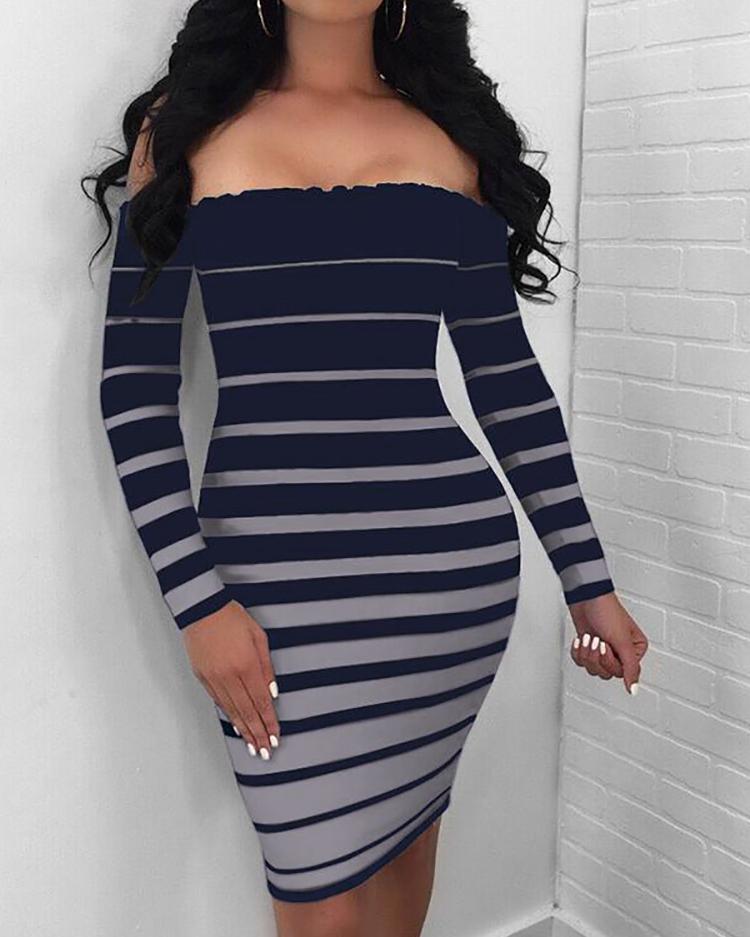 

Stripes Off Shoulder Long Sleeve Bodycon Dress, Gray