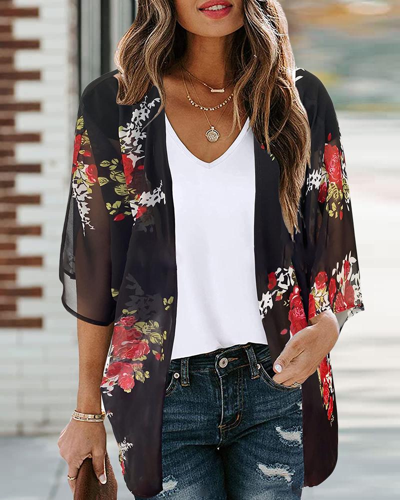 

Floral Print Open Front Blouse, Black