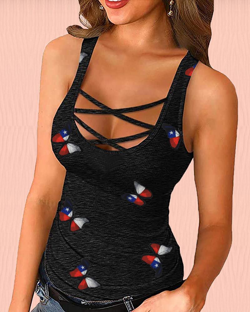 

Sleeveless Floral Print Spaghetti Strap T-shirt, Black