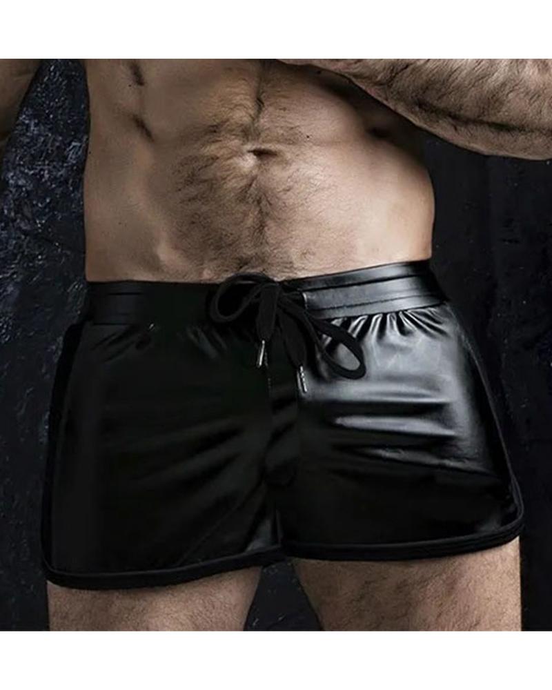

Solid Color Splicing Side Striped Drawstring PU Leather Short Pants, Black