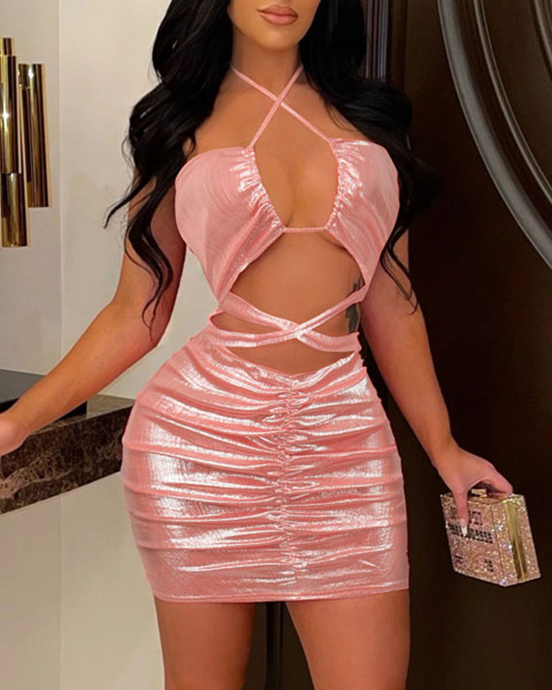 

Criss Cross Cutout Ruched Metallic Bodycon Dress, Pink