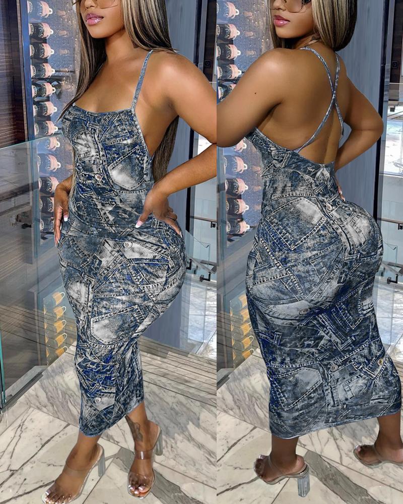 

Denim Look Print Backless Maxi Dress, Gray