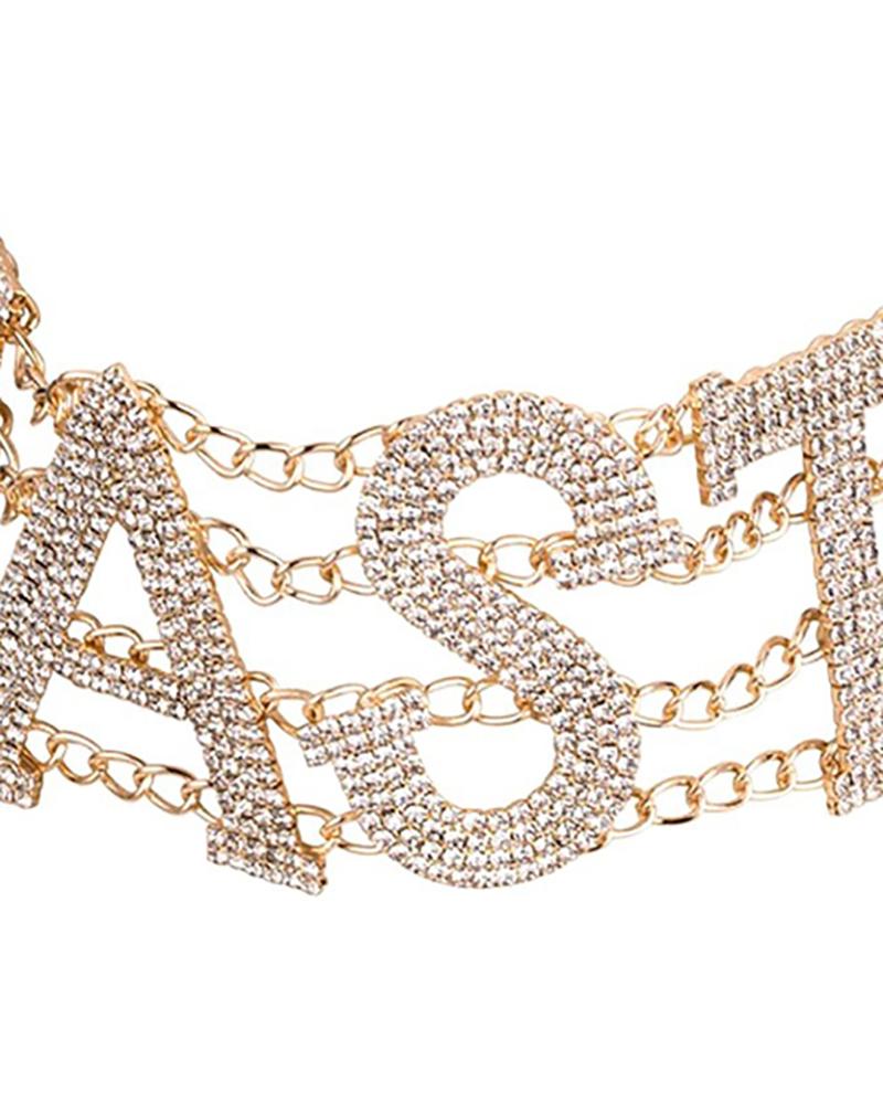 

Letter Pattern Rhinestone Chain Choker, Gold