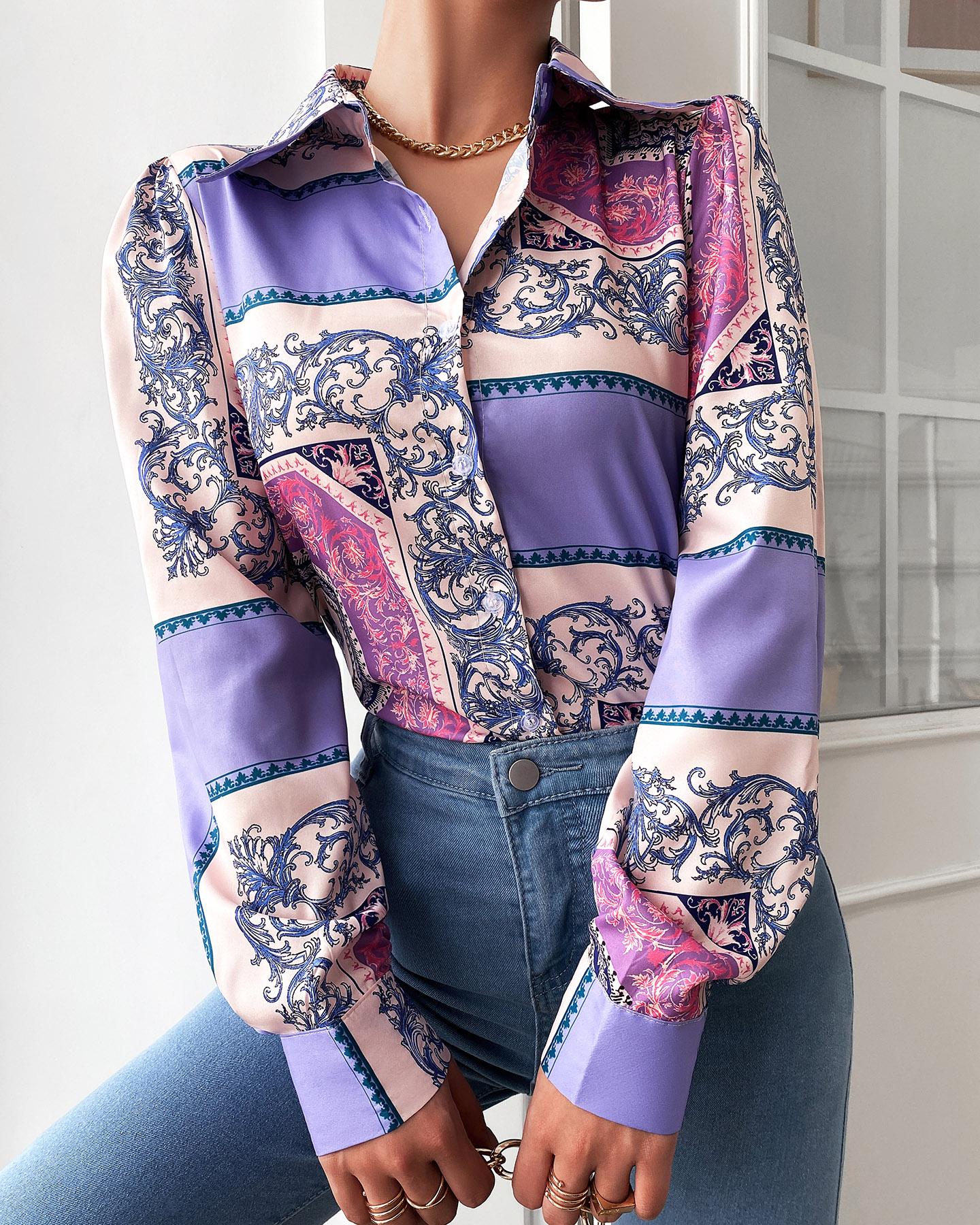

Scarf Print Long Sleeve Buttoned Shirt, Blue