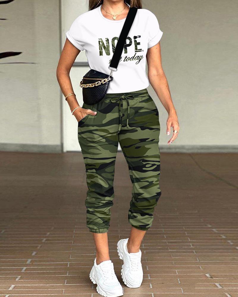 

Nope Not Today Camouflage Print Top & Drawstring Cuffed Pants Set, Camoflage