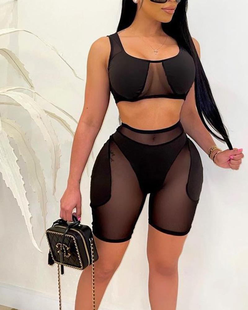 

Colorblock Sleeveless Mesh Patchwork Bikini Swimsuit, Black