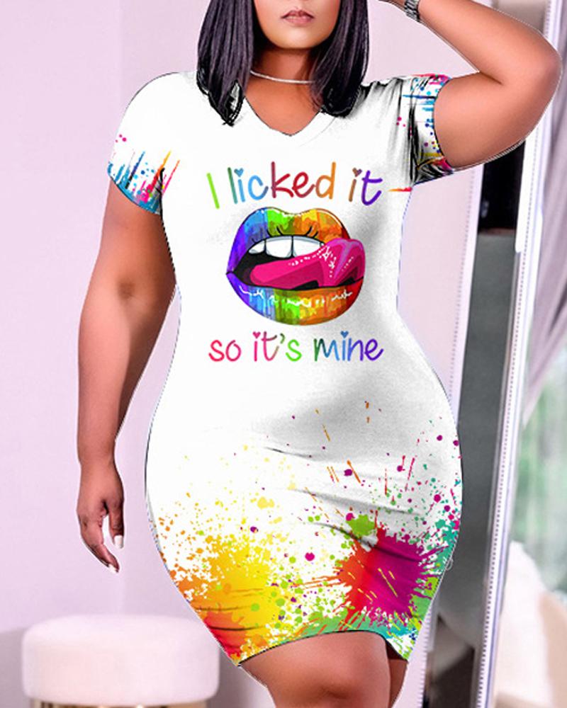

Ink Splash Letter Lip Print Casual Dress, White