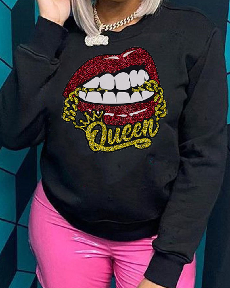

Plus Size Lip Letter Chain Print Long Sleeve Sweatshirt, Black