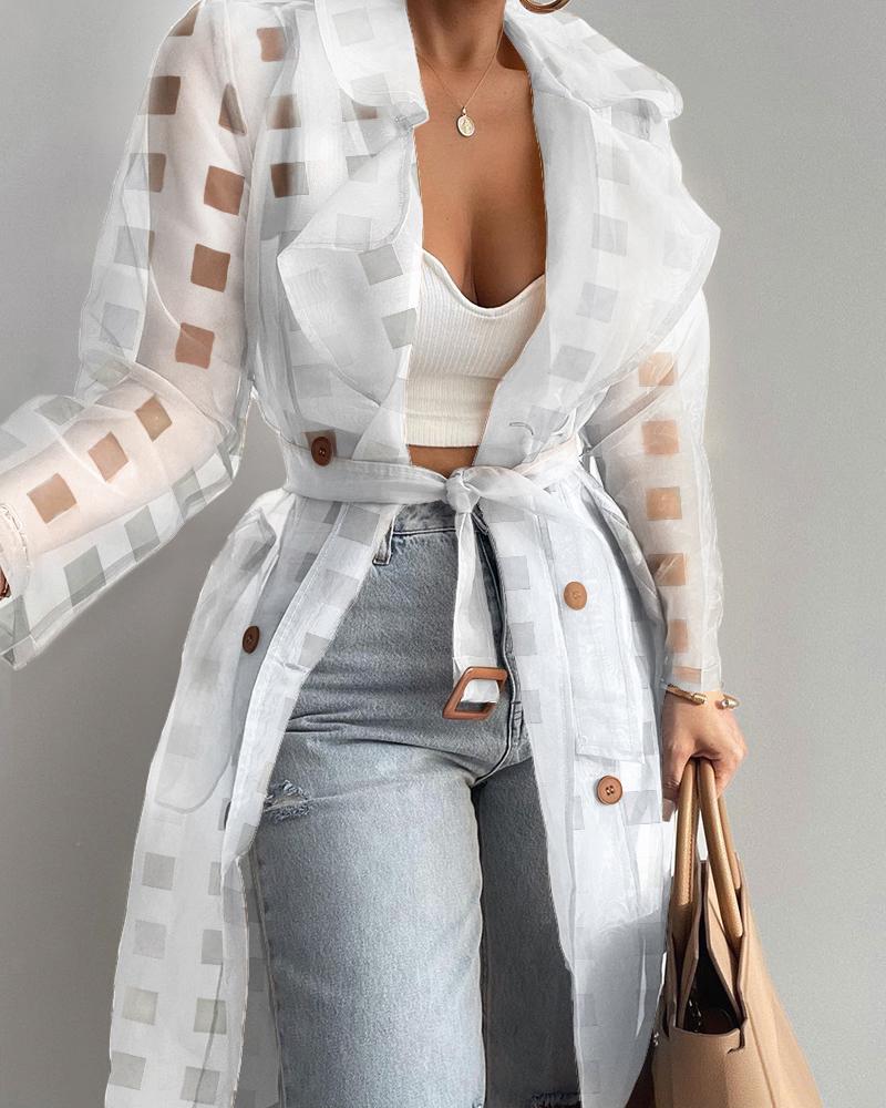 

Plaid Pattern Sheer Mesh Belted Trench Coat, White