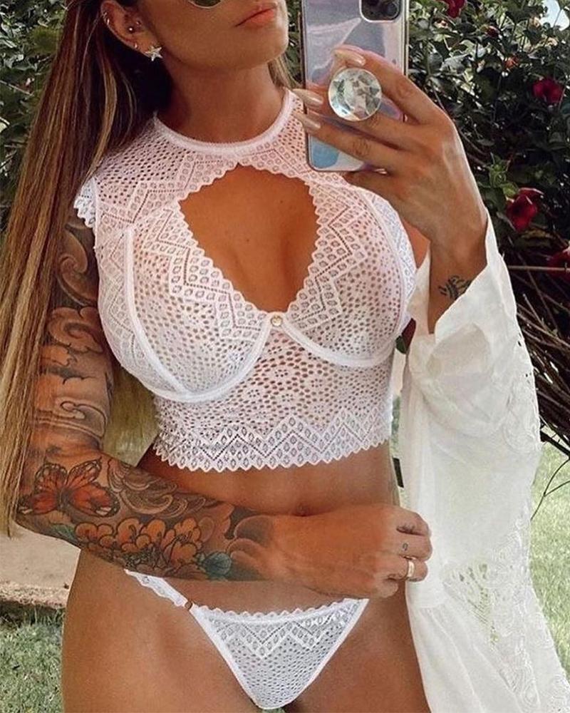 

Crochet Lace Cutout Backless Lingerie Set, White