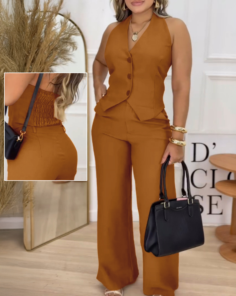 

2 Pieces Outfit V-Neck Sleeveless Single Breasted Shirred Back Backless Crop Vest and Casual Elastic Back Waist Wide Led Pants Set, Brown