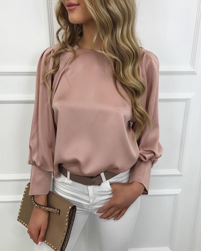 

Solid Lantern Sleeve Casual Women Blouse, Pink