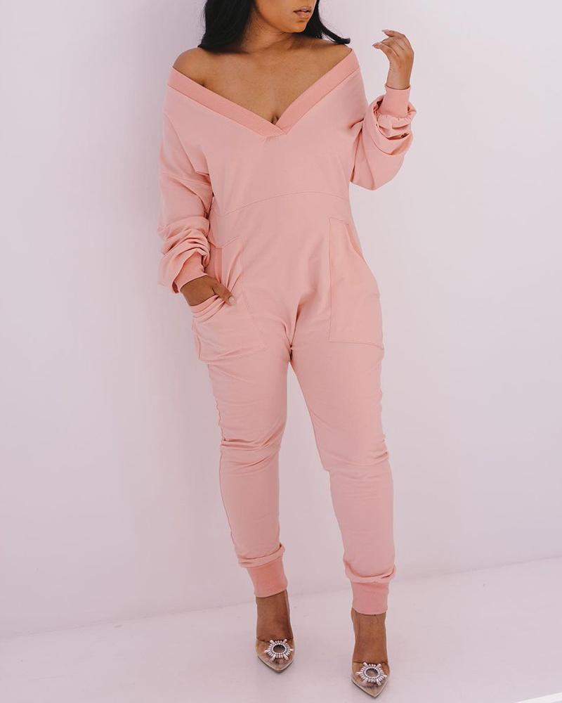 

Pocket Design V-Neck Long Sleeve Jumpsuit, Pink