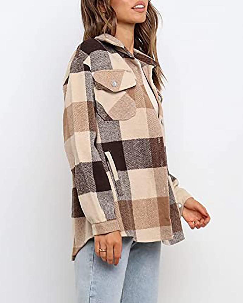 

Plaid Print Buttoned Pocket Design Shacket, Brown