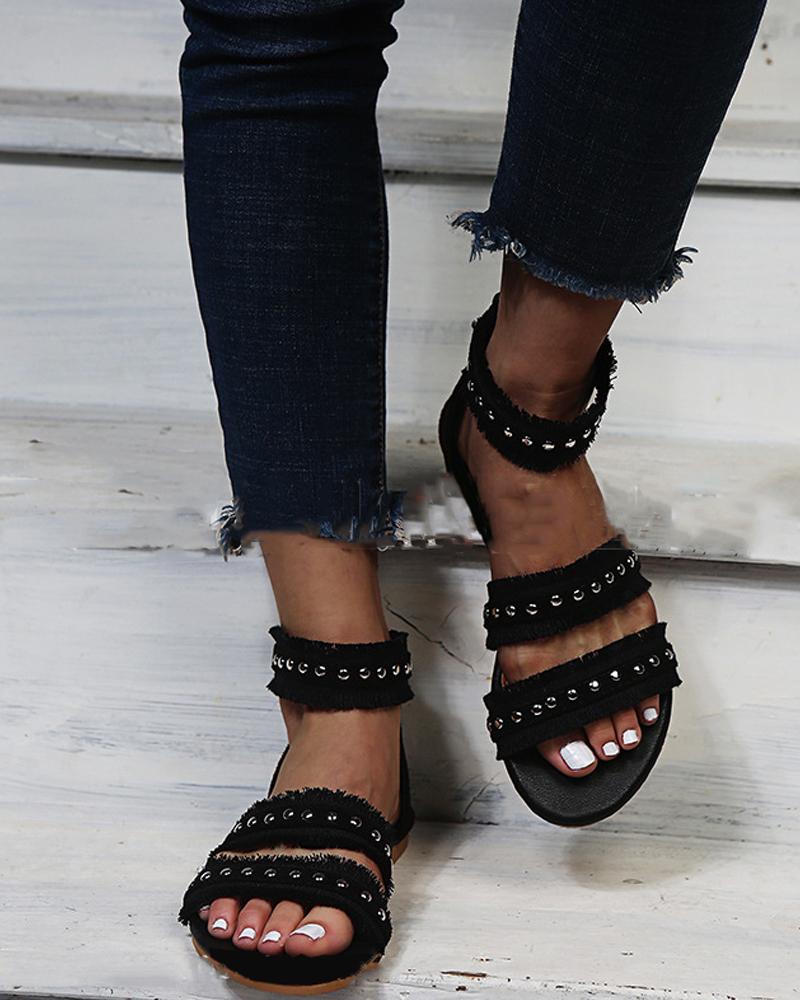 

Solid Tassel Open-toe Cut-out Flat Sandals, Black