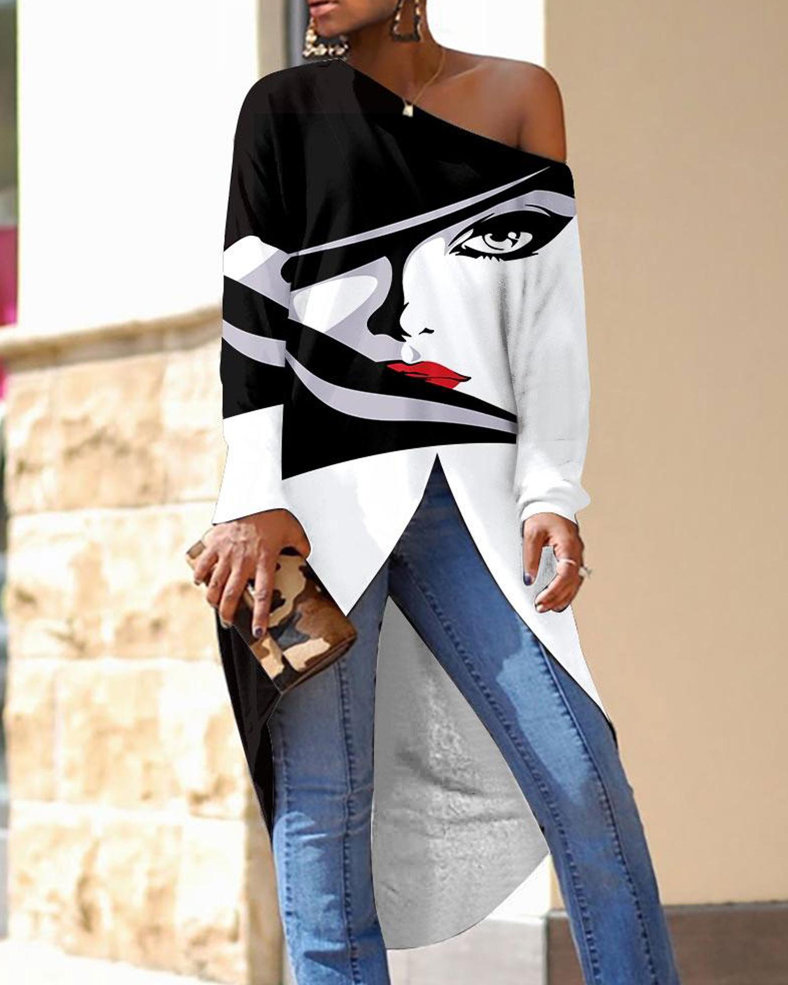 

Figure Print Long Sleeve Asymmetrical Hem Top, Black